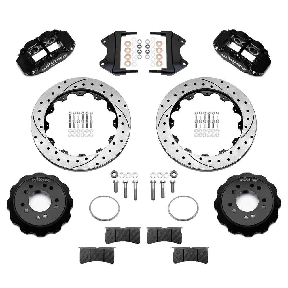 Wilwood Forged Narrow Superlite 6R Big Brake Front Brake Kit (Hat) Parts Laid Out - Black Powder Coat Caliper - SRP Drilled & Slotted Rotor