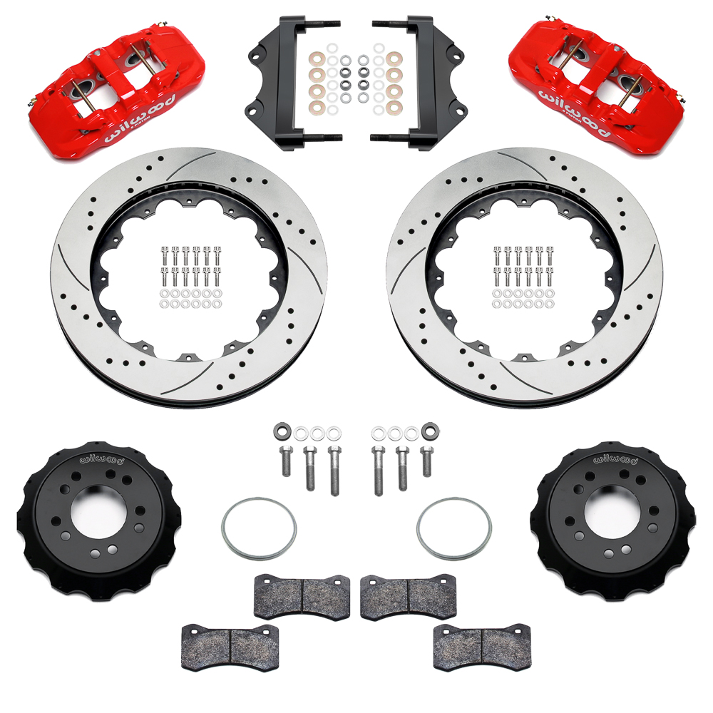 Wilwood AERO6 Big Brake Front Brake Kit Parts Laid Out - Red Powder Coat Caliper - SRP Drilled & Slotted Rotor