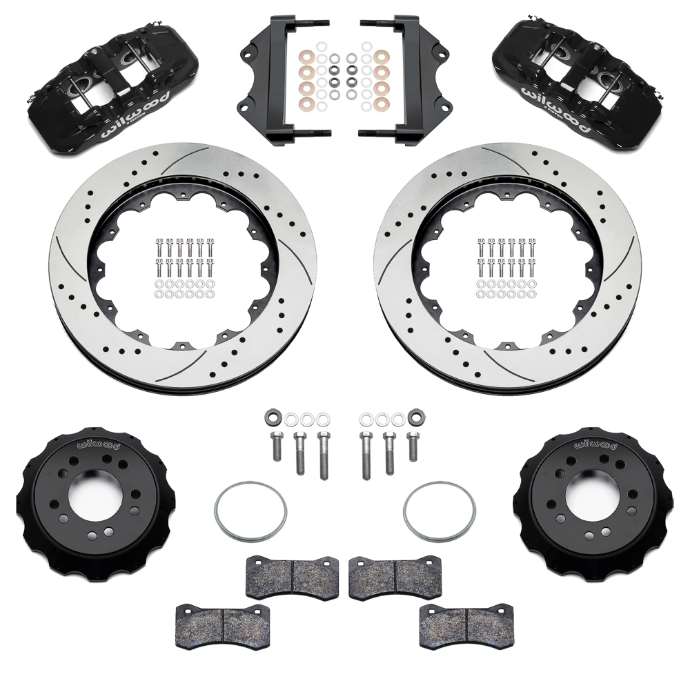 Wilwood AERO6 Big Brake Front Brake Kit Parts Laid Out - Black Powder Coat Caliper - SRP Drilled & Slotted Rotor