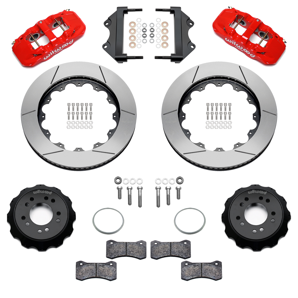 Wilwood AERO6 Big Brake Front Brake Kit Parts Laid Out - Red Powder Coat Caliper - GT Slotted Rotor