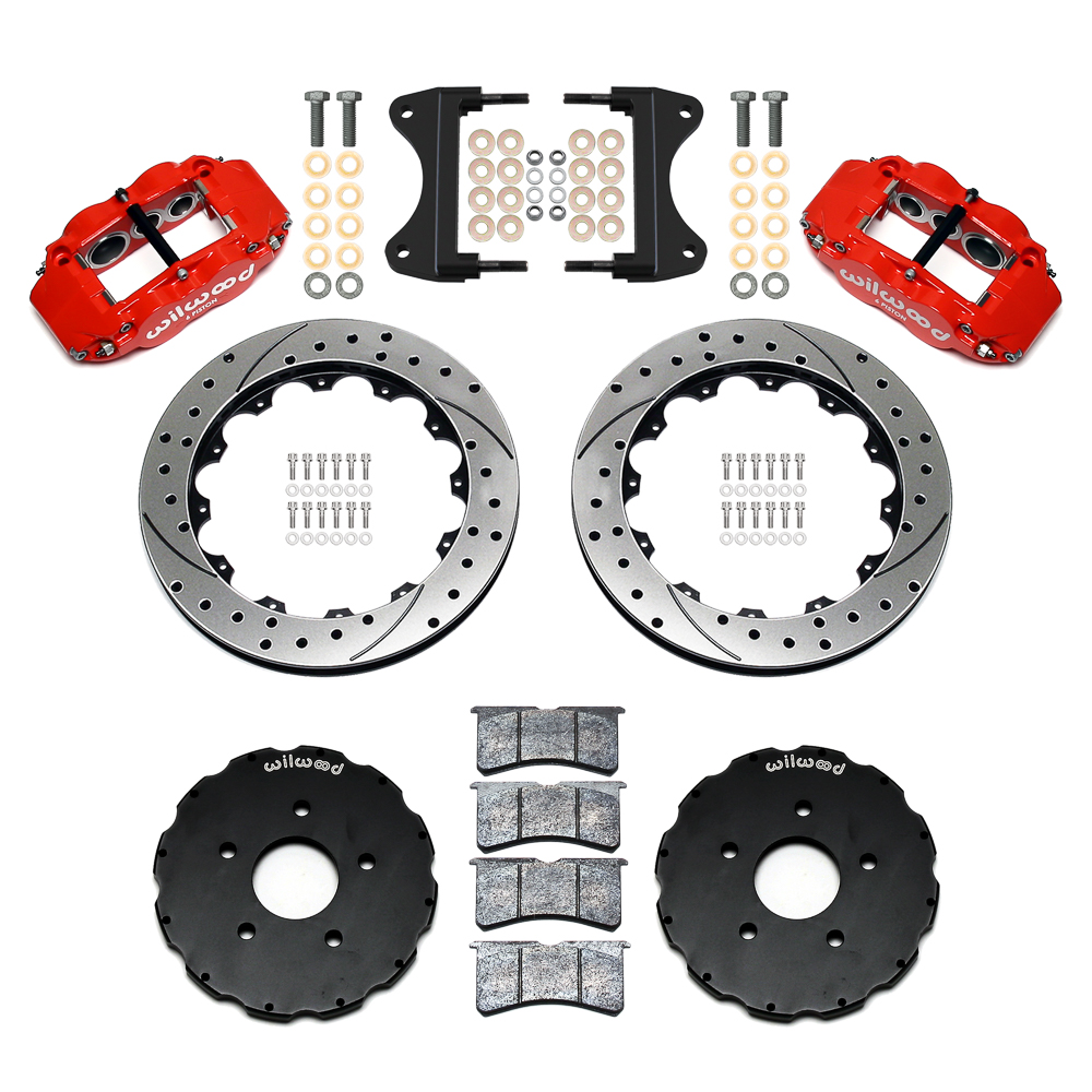 Wilwood Forged Narrow Superlite 6R Big Brake Front Brake Kit (Hat) Parts Laid Out - Red Powder Coat Caliper - SRP Drilled & Slotted Rotor