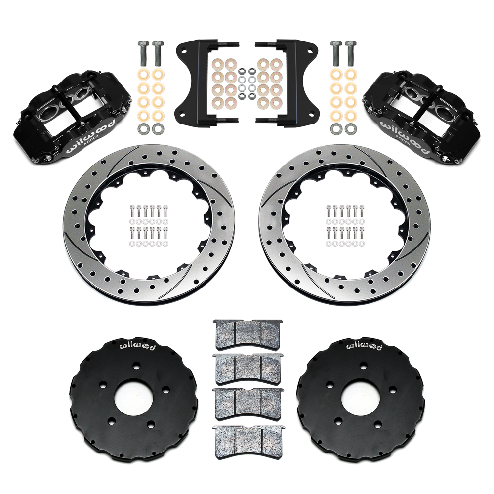 Wilwood Forged Narrow Superlite 6R Big Brake Front Brake Kit (Hat) Parts Laid Out - Black Powder Coat Caliper - SRP Drilled & Slotted Rotor
