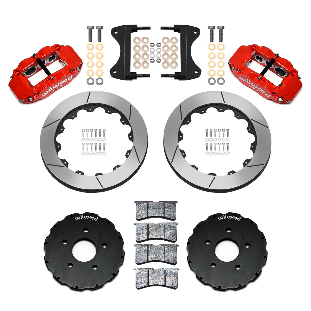 Wilwood Forged Narrow Superlite 6R Big Brake Front Brake Kit (Hat) Parts Laid Out - Red Powder Coat Caliper - GT Slotted Rotor