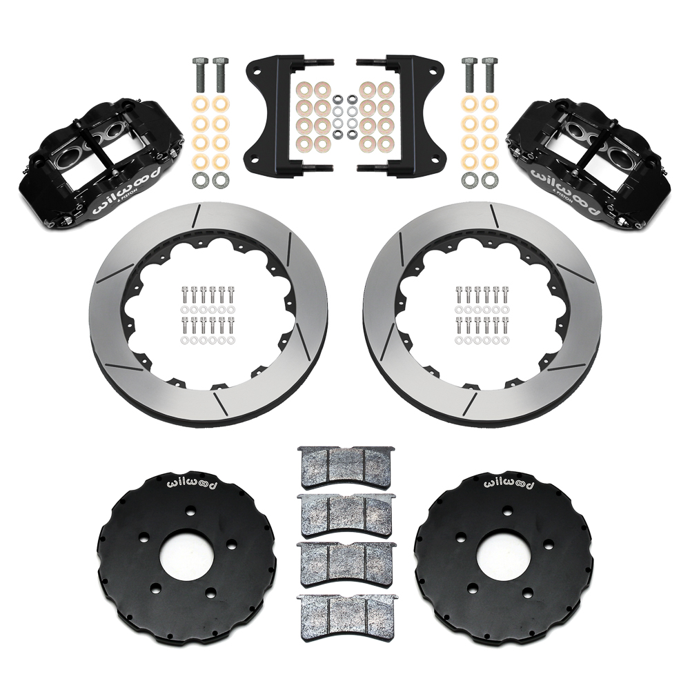 Wilwood Forged Narrow Superlite 6R Big Brake Front Brake Kit (Hat) Parts Laid Out - Black Powder Coat Caliper - GT Slotted Rotor