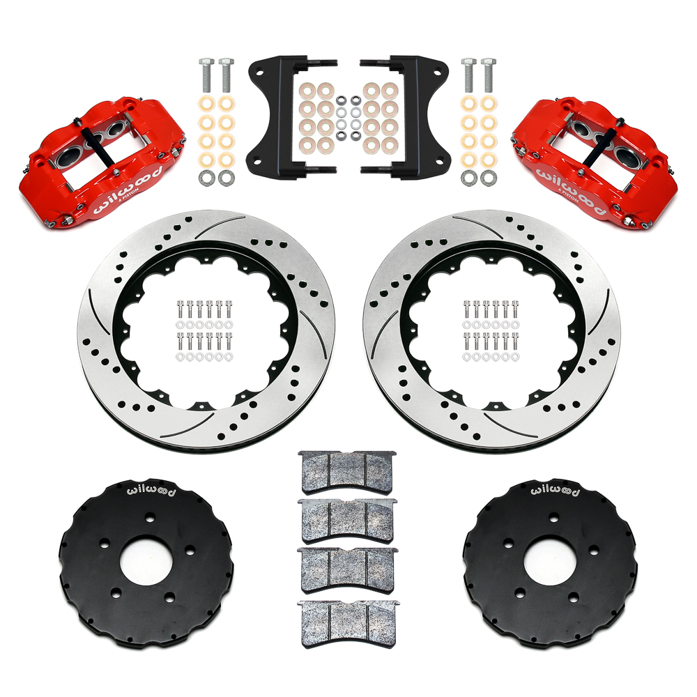 Wilwood Forged Narrow Superlite 6R Big Brake Front Brake Kit (Hat) Parts Laid Out - Red Powder Coat Caliper - SRP Drilled & Slotted Rotor