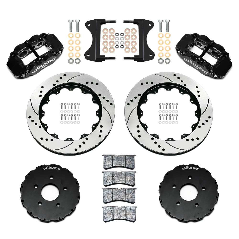 Wilwood Forged Narrow Superlite 6R Big Brake Front Brake Kit (Hat) Parts Laid Out - Black Powder Coat Caliper - SRP Drilled & Slotted Rotor