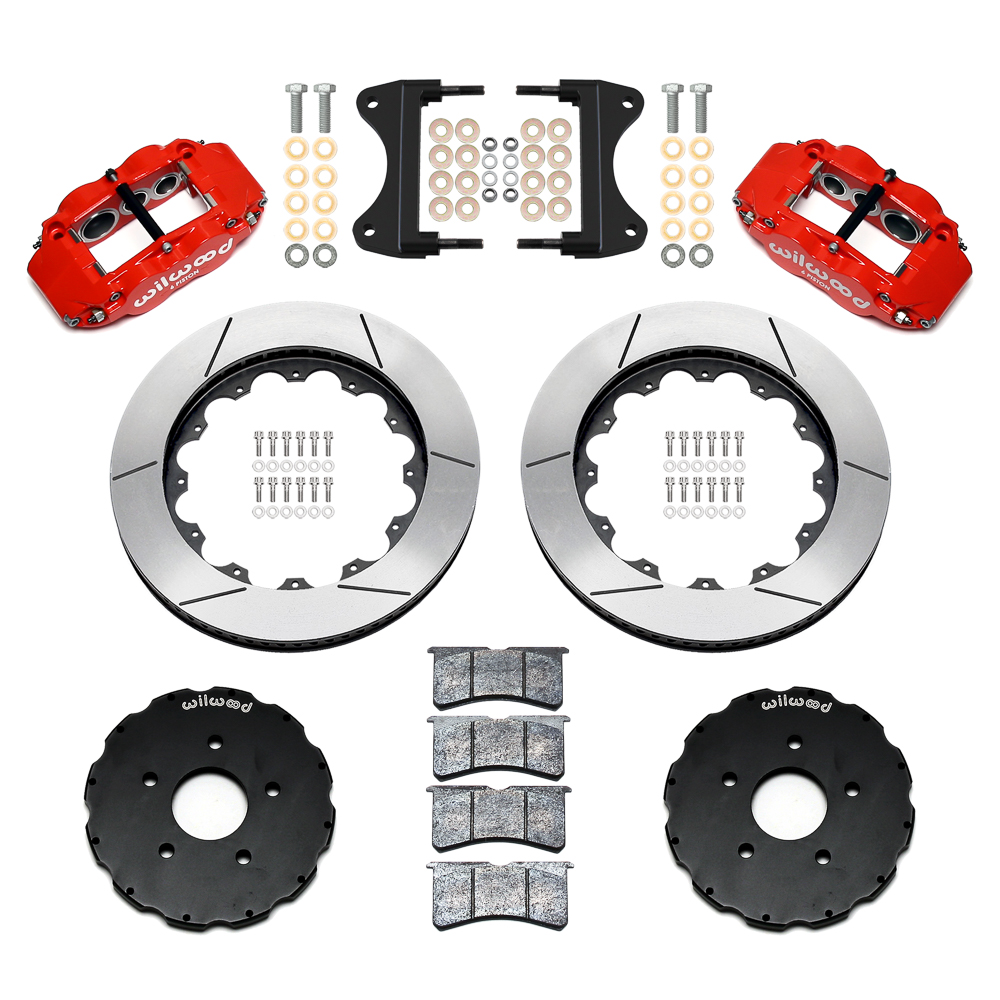 Wilwood Forged Narrow Superlite 6R Big Brake Front Brake Kit (Hat) Parts Laid Out - Red Powder Coat Caliper - GT Slotted Rotor