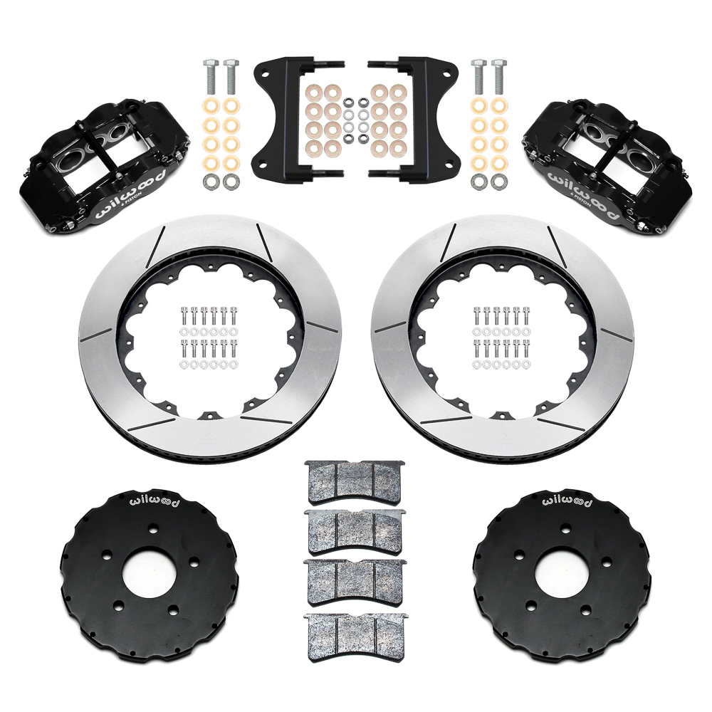 Wilwood Forged Narrow Superlite 6R Big Brake Front Brake Kit (Hat) Parts Laid Out - Black Powder Coat Caliper - GT Slotted Rotor