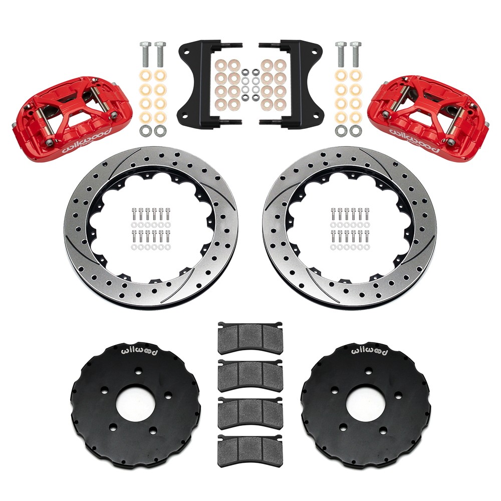 Wilwood Forged XRS6R Big Brake Front Brake Kit (Hat) Parts Laid Out - Red Powder Coat Caliper - SRP Drilled & Slotted Rotor