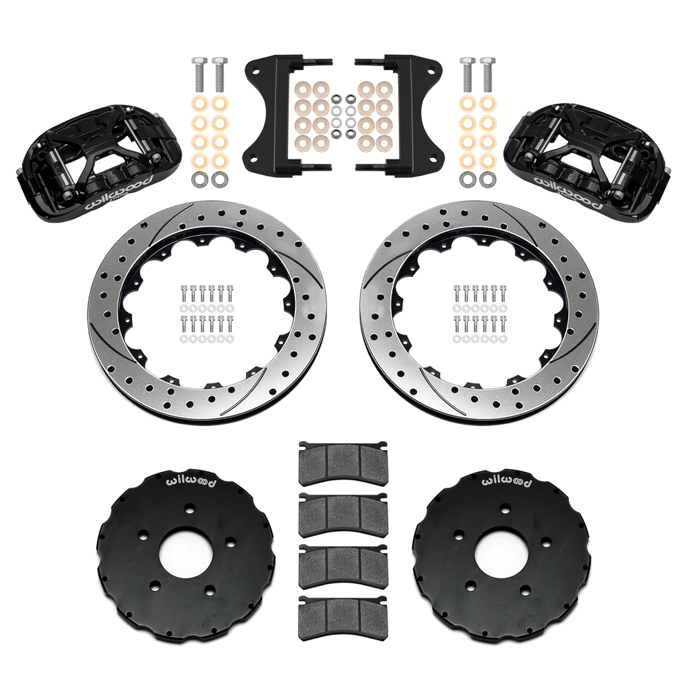Wilwood Forged XRS6R Big Brake Front Brake Kit (Hat) Parts Laid Out - Black Powder Coat Caliper - SRP Drilled & Slotted Rotor
