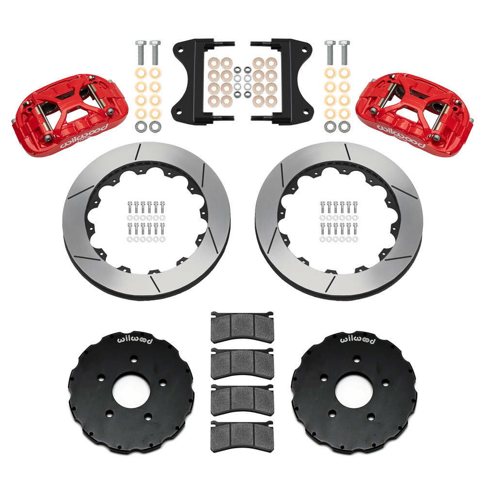 Wilwood Forged XRS6R Big Brake Front Brake Kit (Hat) Parts Laid Out - Red Powder Coat Caliper - GT Slotted Rotor