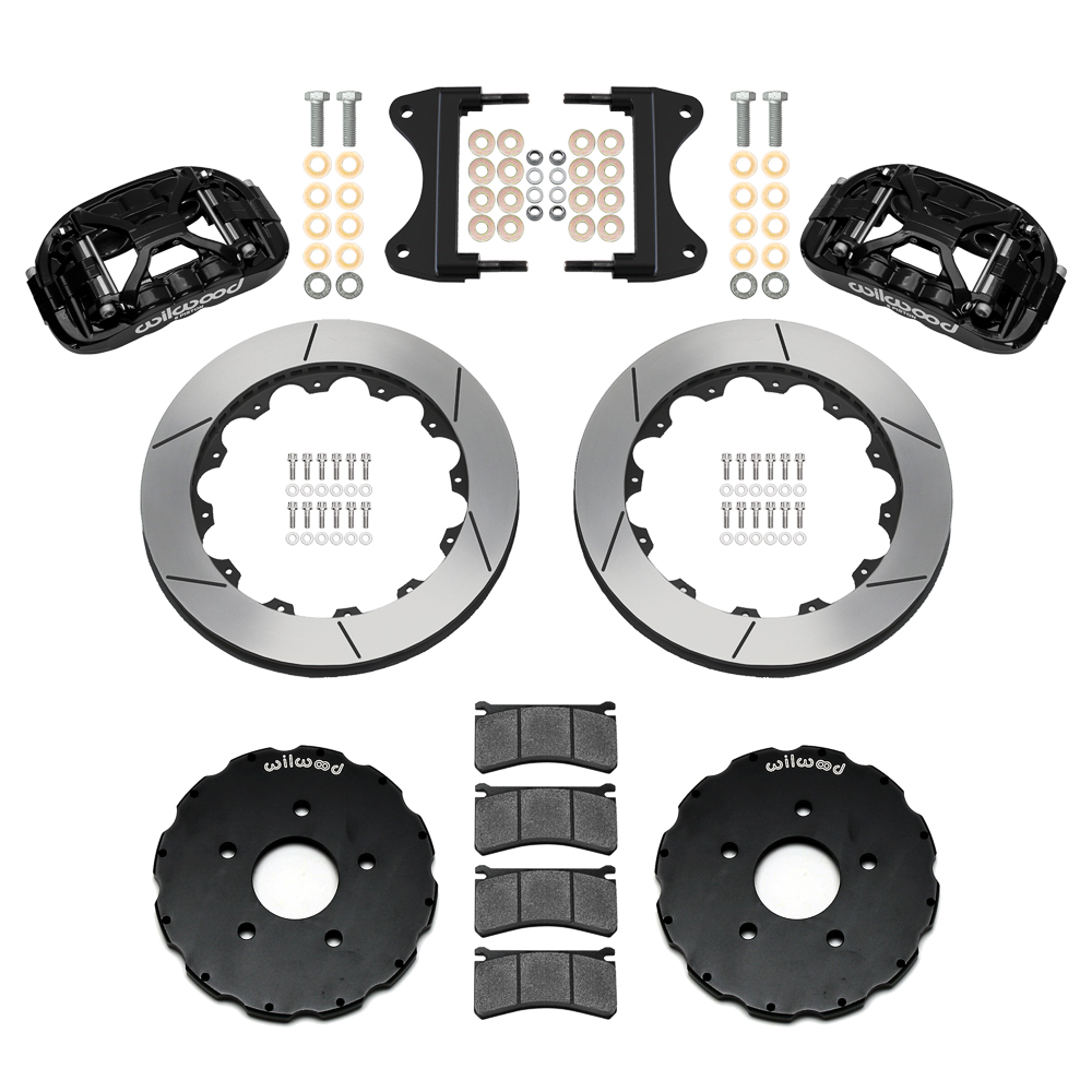 Wilwood Forged XRS6R Big Brake Front Brake Kit (Hat) Parts Laid Out - Black Powder Coat Caliper - GT Slotted Rotor