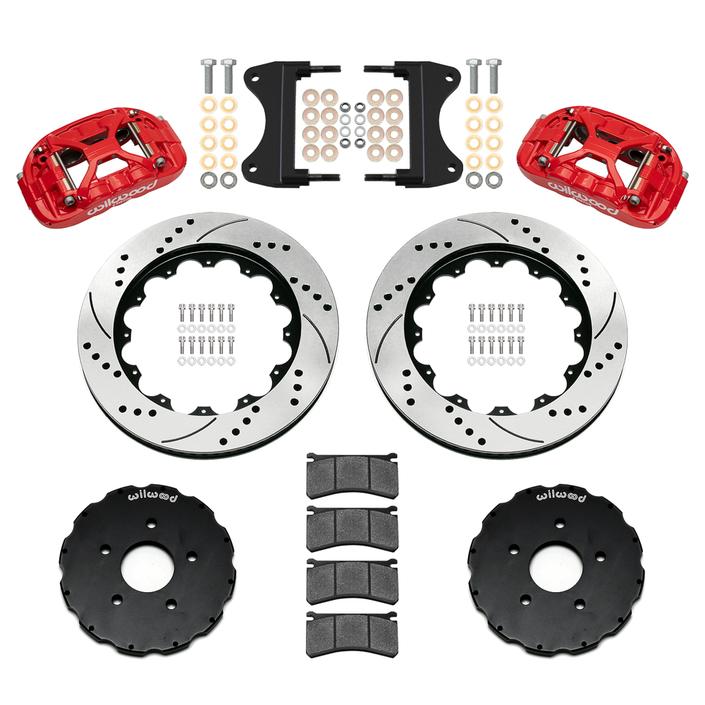 Wilwood Forged XRS6R Big Brake Front Brake Kit (Hat) Parts Laid Out - Red Powder Coat Caliper - SRP Drilled & Slotted Rotor