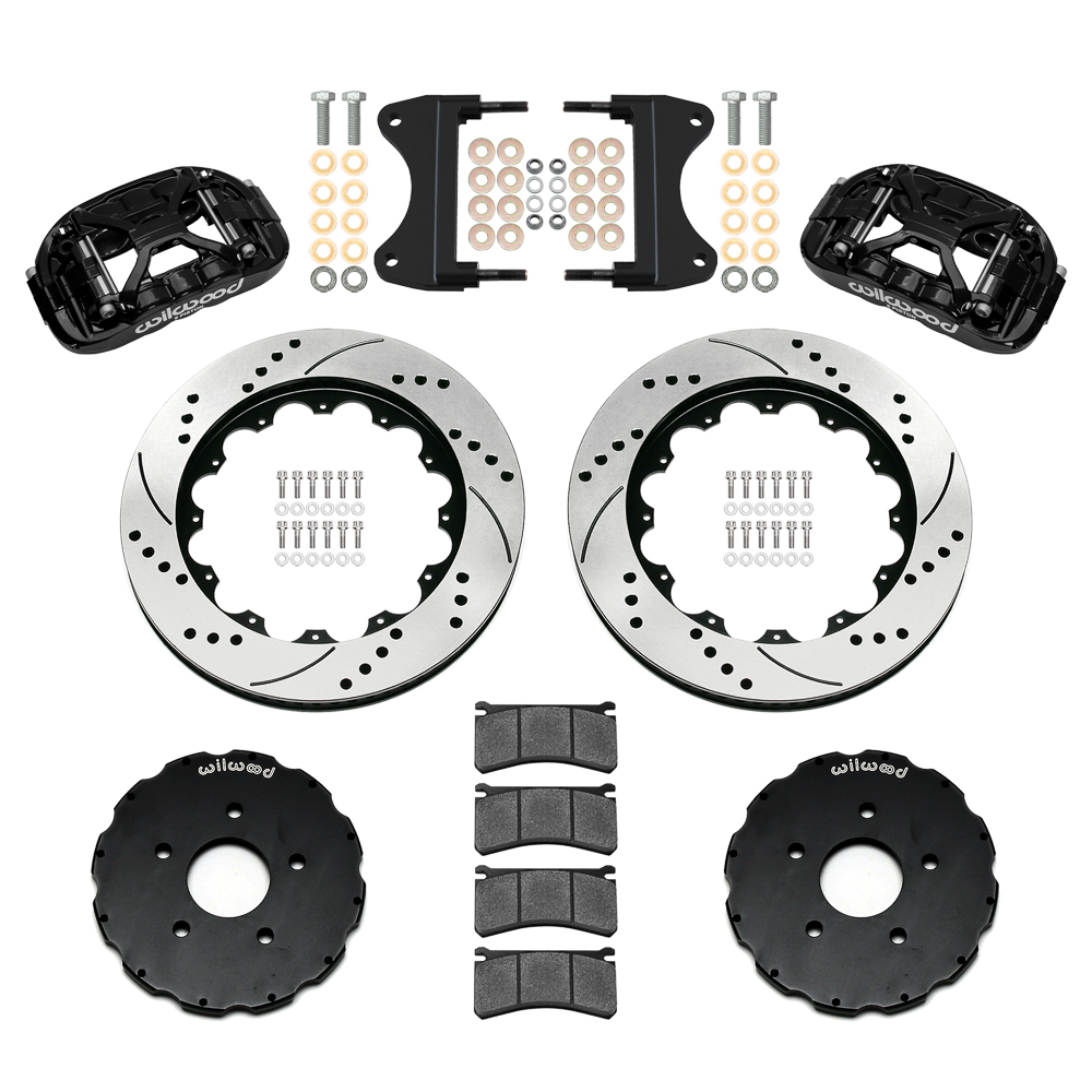 Wilwood Forged XRS6R Big Brake Front Brake Kit (Hat) Parts Laid Out - Black Powder Coat Caliper - SRP Drilled & Slotted Rotor