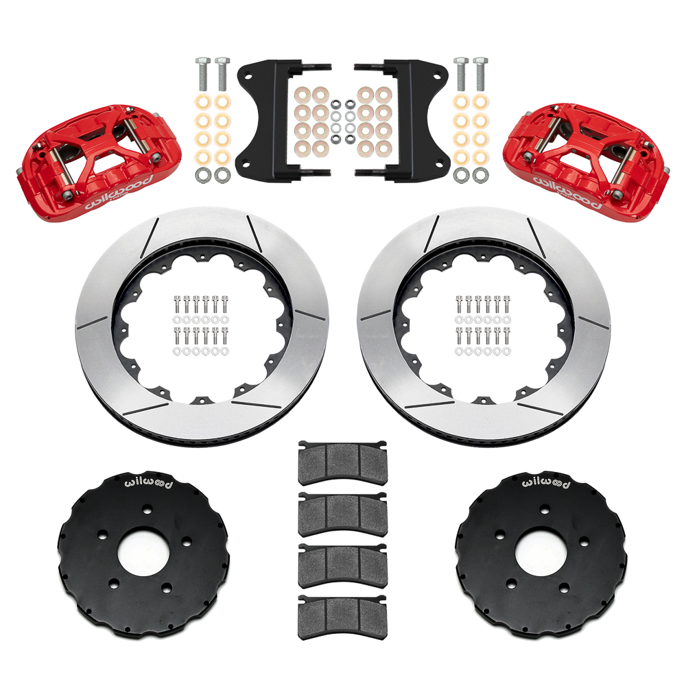 Wilwood Forged XRS6R Big Brake Front Brake Kit (Hat) Parts Laid Out - Red Powder Coat Caliper - GT Slotted Rotor