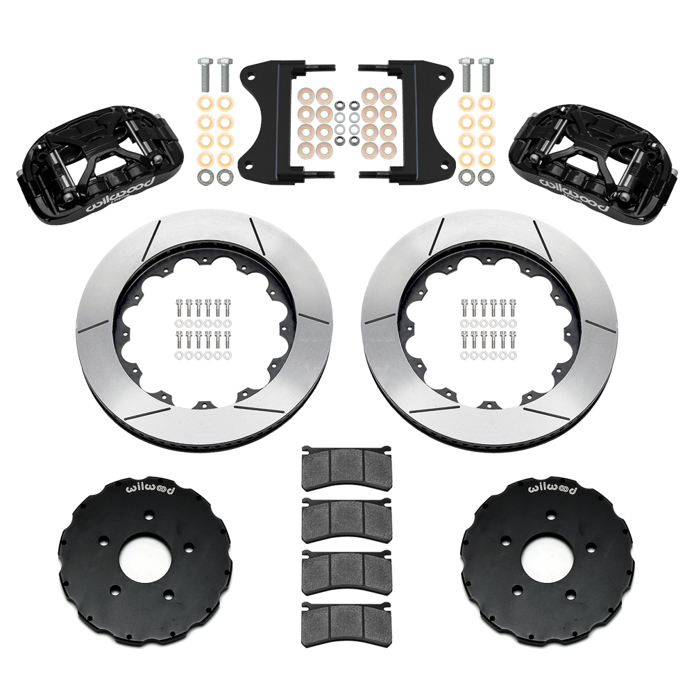 Wilwood Forged XRS6R Big Brake Front Brake Kit (Hat) Parts Laid Out - Black Powder Coat Caliper - GT Slotted Rotor