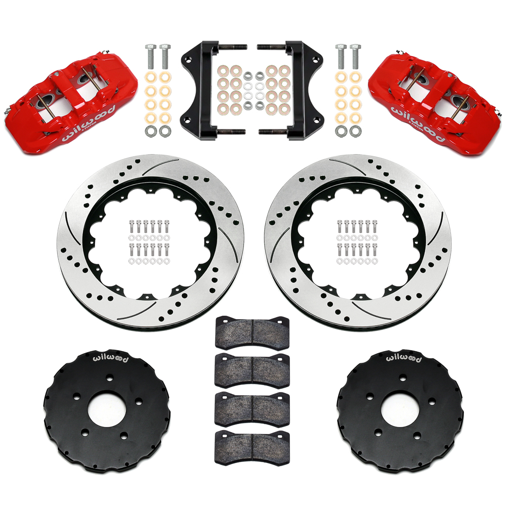 Wilwood AERO6 Big Brake Front Brake Kit Parts Laid Out - Red Powder Coat Caliper - SRP Drilled & Slotted Rotor