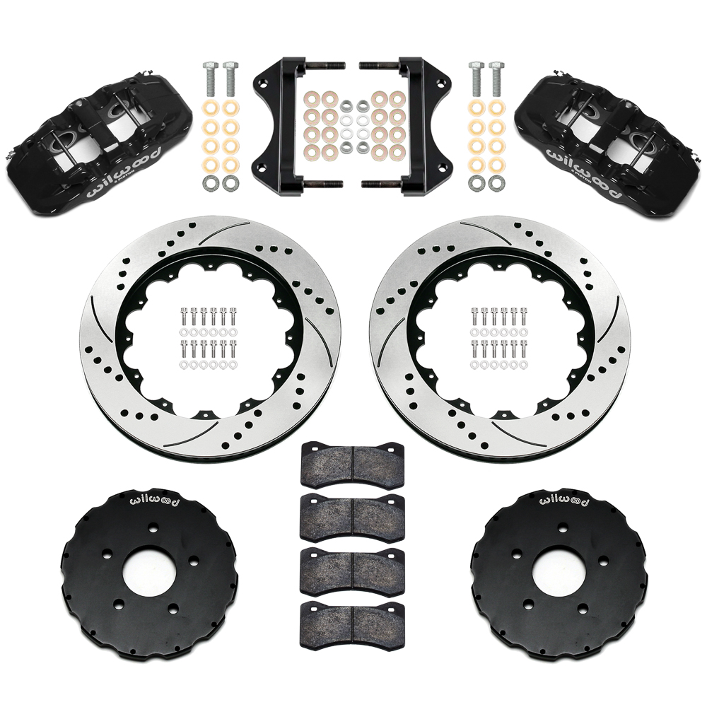 Wilwood AERO6 Big Brake Front Brake Kit Parts Laid Out - Black Powder Coat Caliper - SRP Drilled & Slotted Rotor