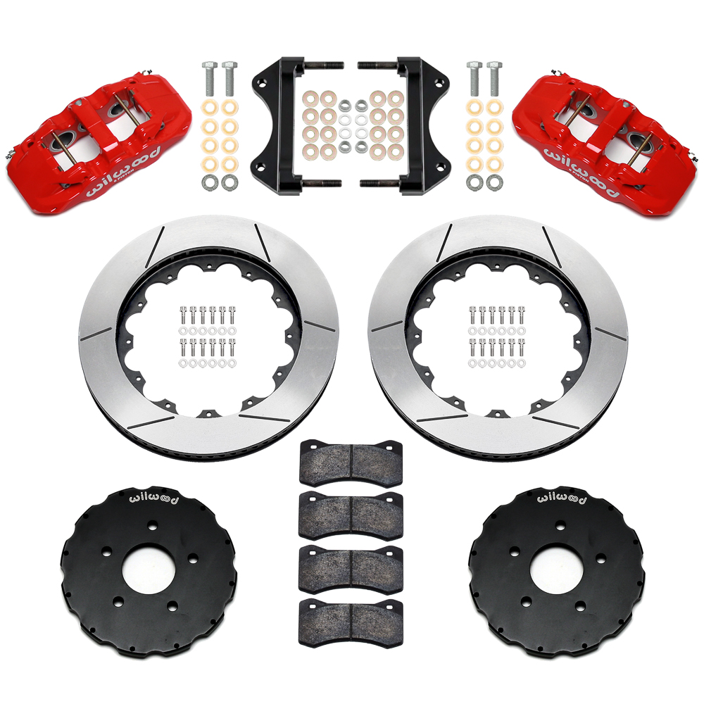 Wilwood AERO6 Big Brake Front Brake Kit Parts Laid Out - Red Powder Coat Caliper - GT Slotted Rotor