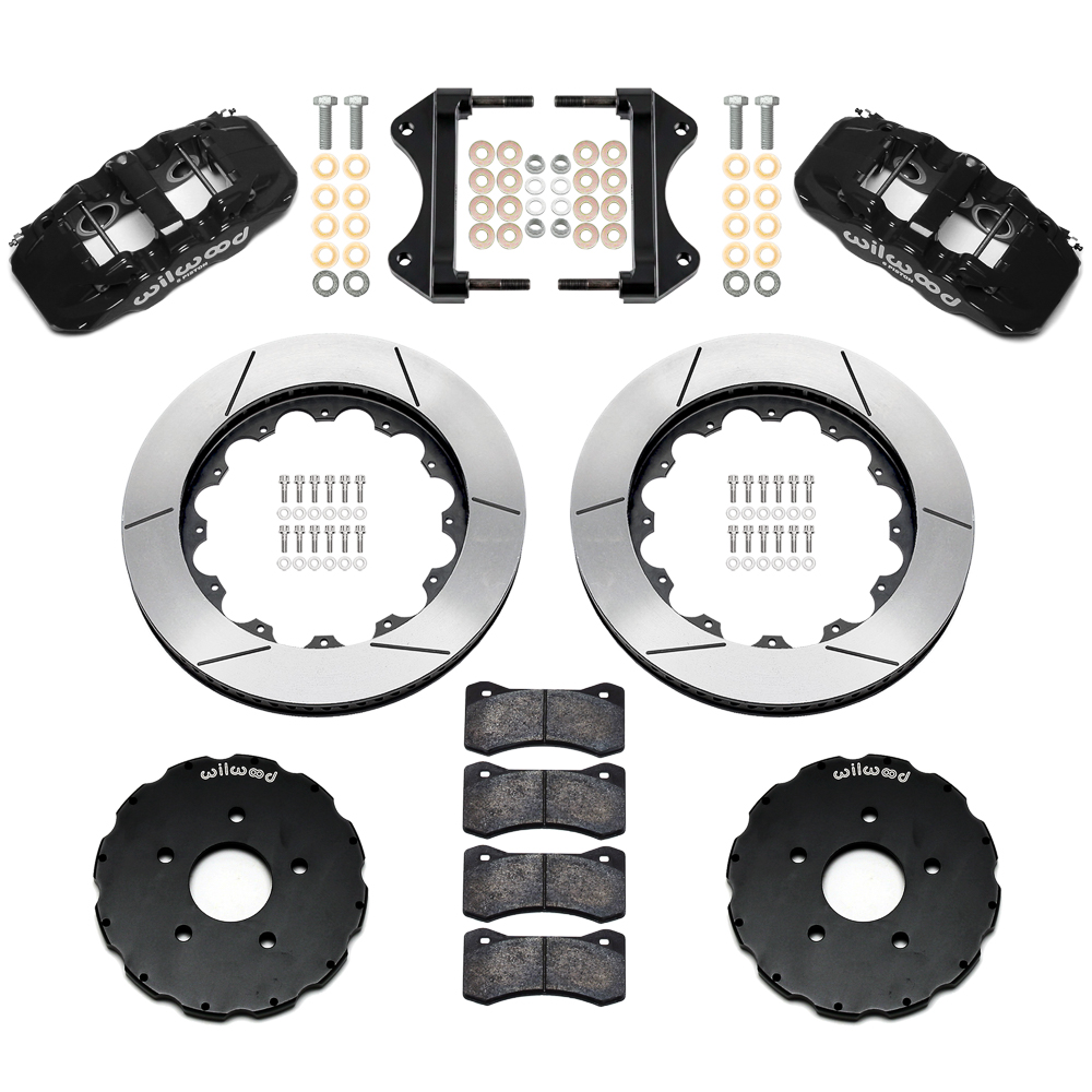 Wilwood AERO6 Big Brake Front Brake Kit Parts Laid Out - Black Powder Coat Caliper - GT Slotted Rotor
