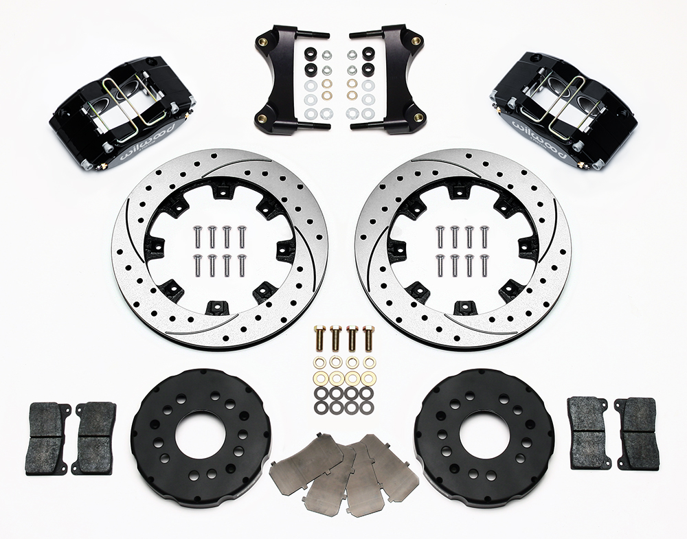 Wilwood Dynapro Radial Big Brake Front Brake Kit (Hat) Parts Laid Out - Black Powder Coat Caliper - SRP Drilled & Slotted Rotor