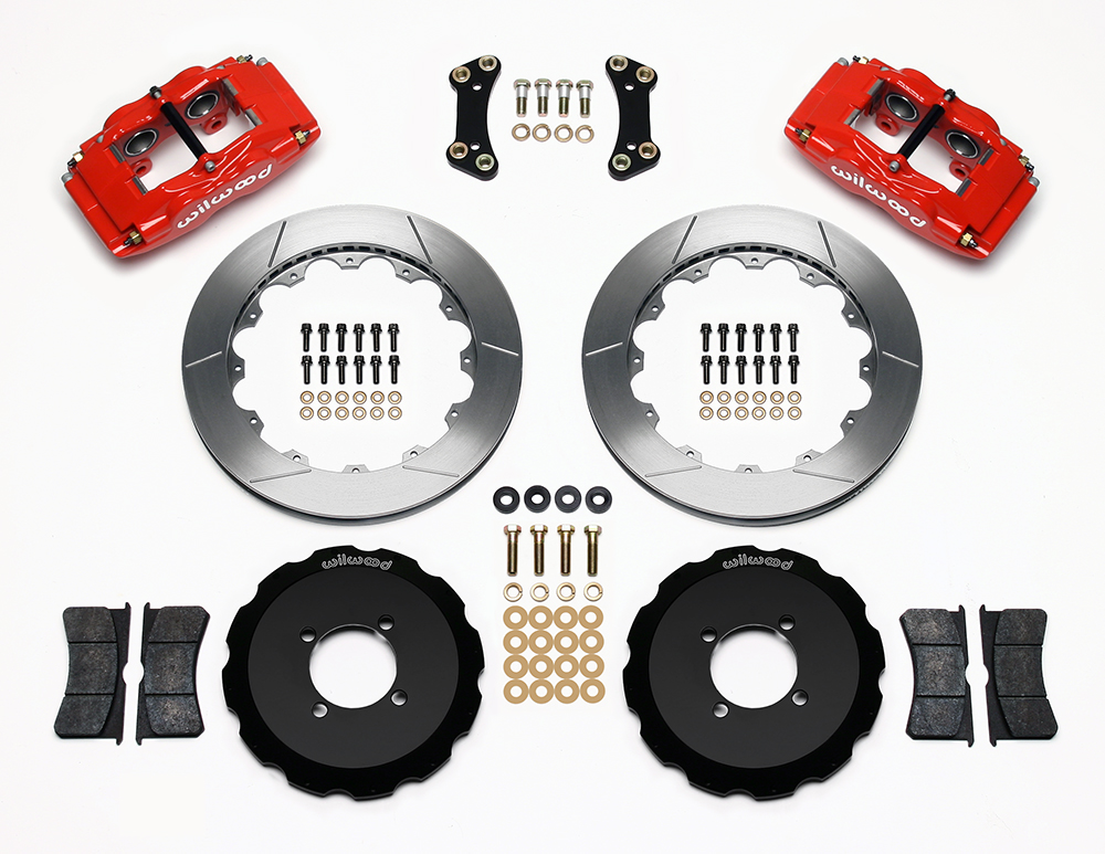 Wilwood Forged Superlite 4 Big Brake Front Brake Kit (Hat) Parts Laid Out - Red Powder Coat Caliper - GT Slotted Rotor