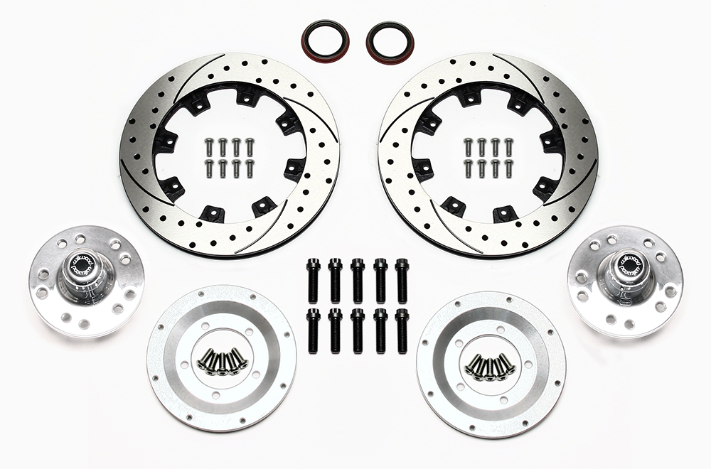 Wilwood Front Hub Kit (8 Bolt Rotor) Parts Laid Out - SRP Drilled & Slotted Rotor