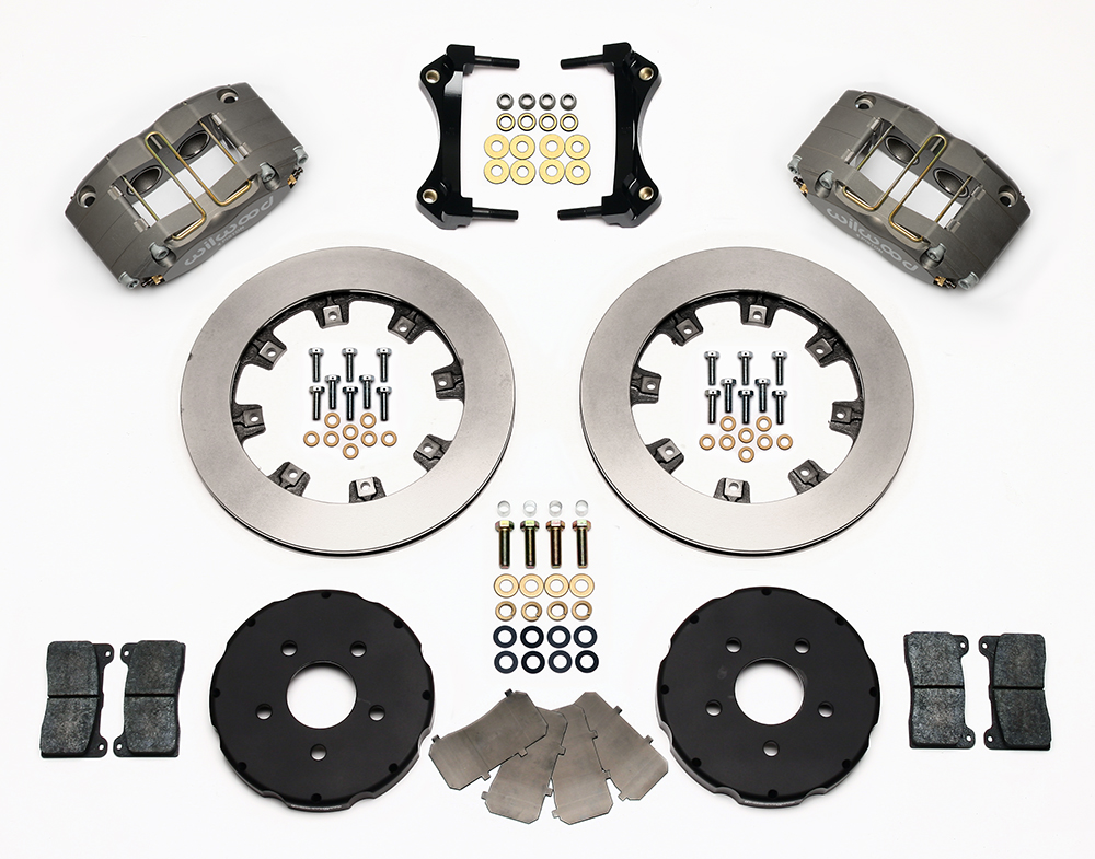 Wilwood Dynapro Radial Big Brake Front Brake Kit (Hat) Parts Laid Out - Type III Anodize Caliper - GT Slotted Rotor