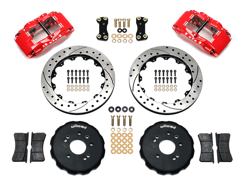 Wilwood Forged Superlite 4 Big Brake Front Brake Kit (Hat) Parts Laid Out - Red Powder Coat Caliper - SRP Drilled & Slotted Rotor