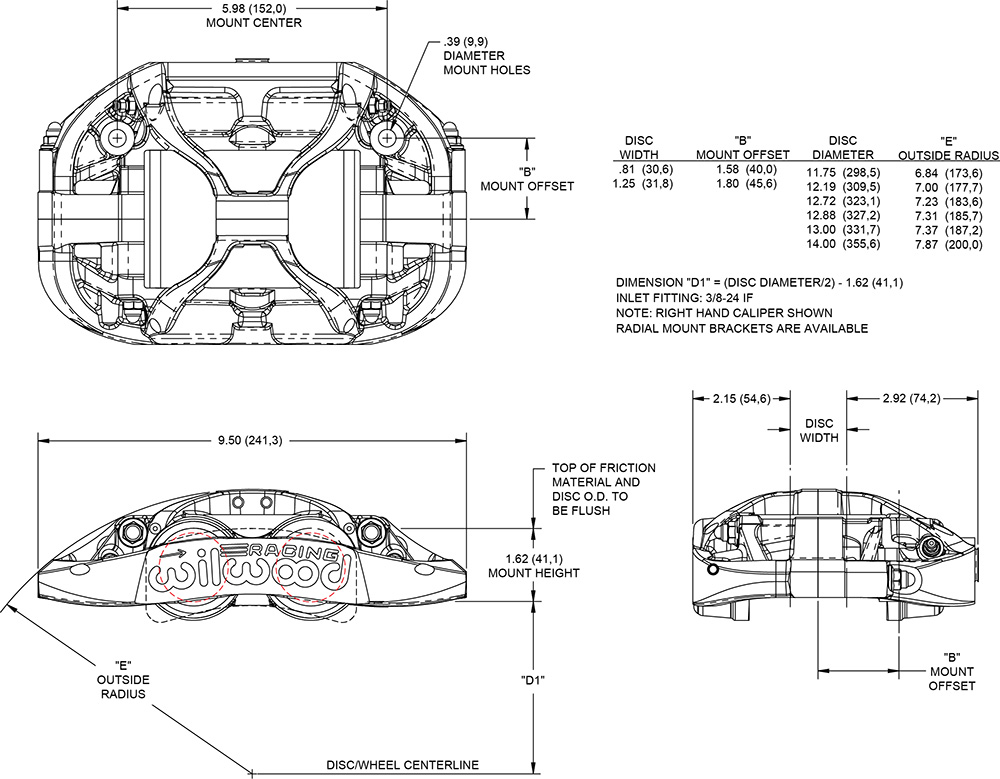 Dimensions for the XRZ4R Radial Mount