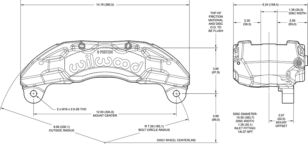 Dimensions for the TX6-DM Forged Lug Mount 