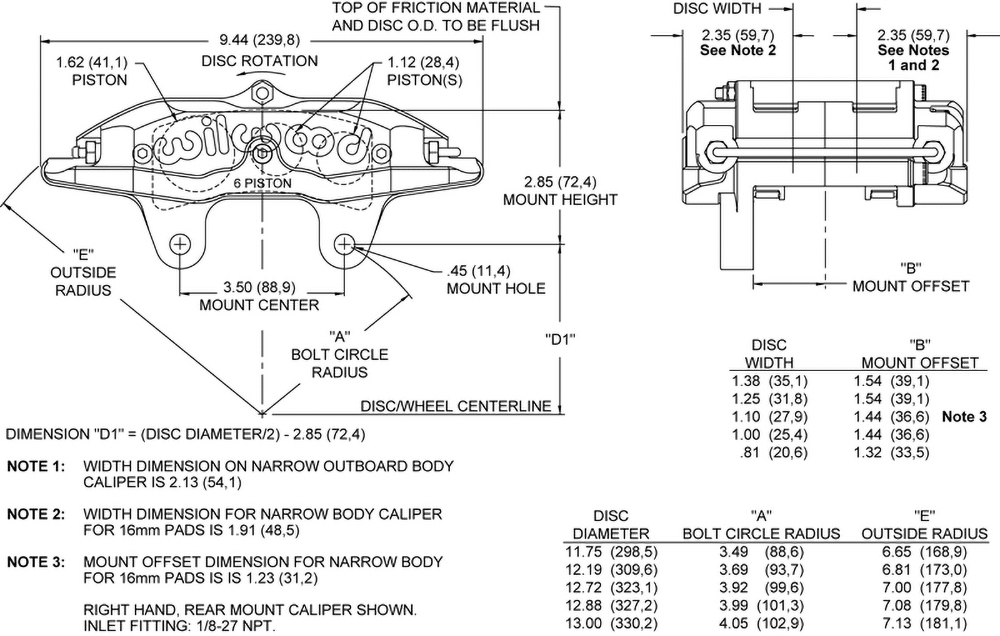 Dimensions for the Billet Narrow Superlite 6 Lug Mount