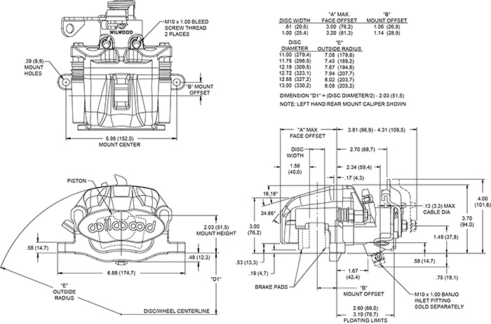 Dimensions for the Combination Parking Brake