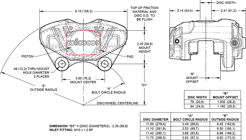 Dimensions for the D31 Front Dual Piston Caliper