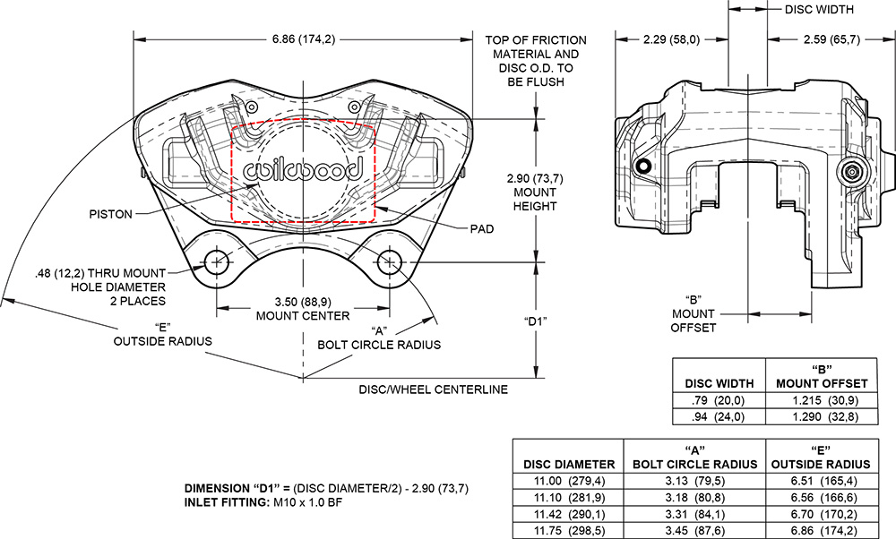 Dimensions for the D45 Front Dual Piston Caliper