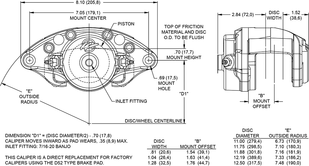 Dimensions for the D52-R Single Piston Floater