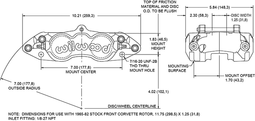 Dimensions for the D8-4 Caliper Front
