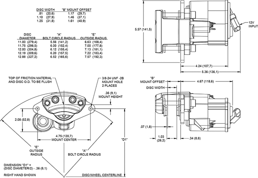 Dimensions for the Electric Parking Brake 