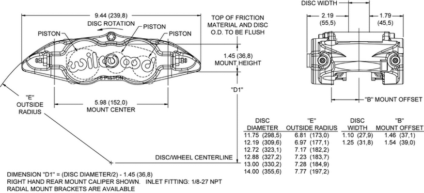 Forged Narrow Superlite 6 Dust Seal Radial Mount Caliper Drawing