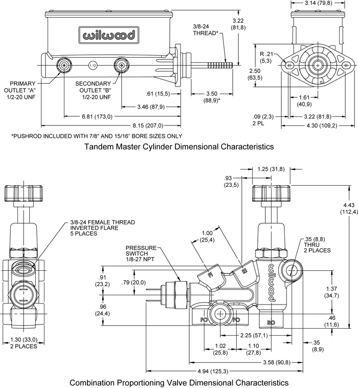 Wilwood Aluminum Tandem M/C Kit with Bracket and Valve Drawing