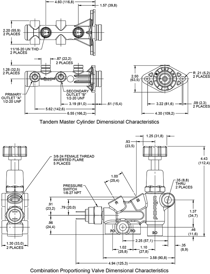 Wilwood Remote Tandem M/C Kit with Bracket and Valve Drawing