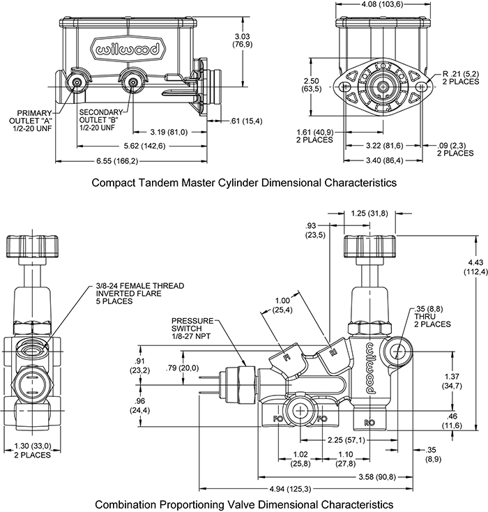 Wilwood Compact Tandem M/C Kit with Bracket and Valve Drawing