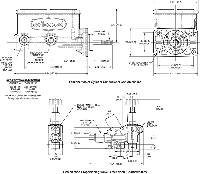 Wilwood Compact Tandem M/C Kit with Brkt and Valve (Mopar) Drawing