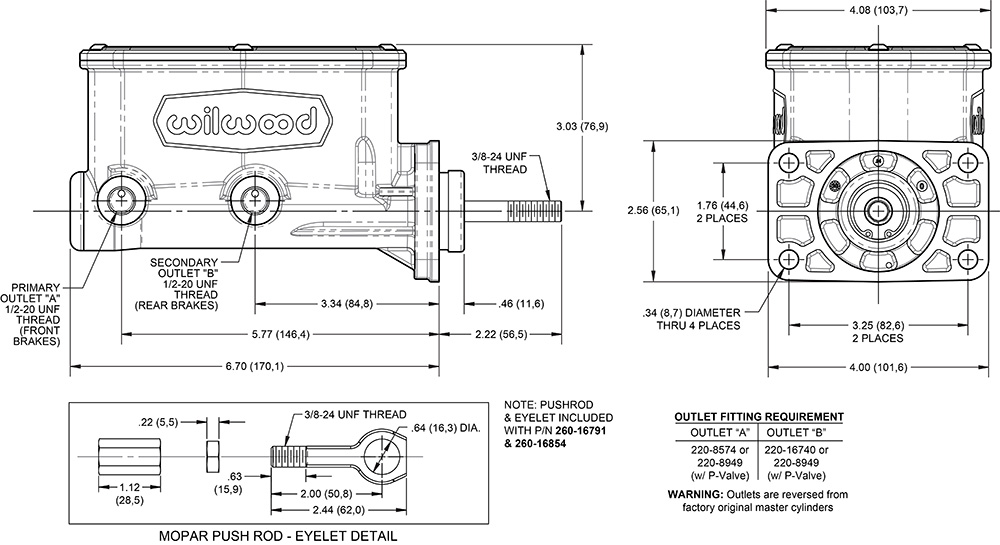 Wilwood Compact Tandem Master Cylinder Mopar 4-Bolt w/push Drawing