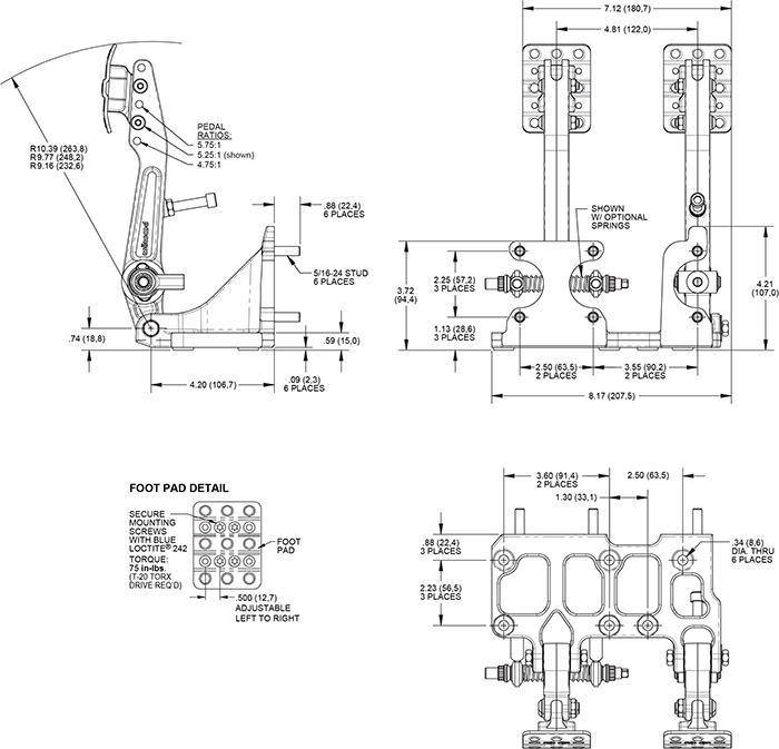 Floor Mount Tru-Bar Brake and Clutch Pedal-Adj Rt Drawing