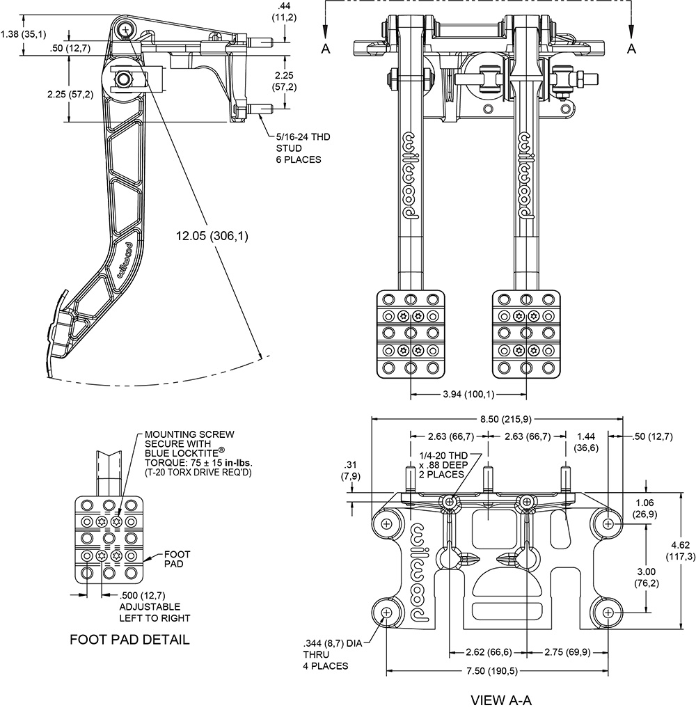Replaces cast aluminum arm pedal 340-3950 Drawing