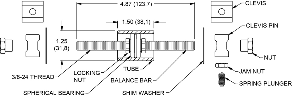 Replacement balance bar assembly w/ clevises and bearing for all Wilwood Pedals w/ balance bars (contains a tube for welding on for user fabrication of steel pedals) Drawing